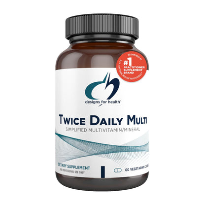 Supplement bottle labeled 'Twice Daily Multi' by designs for health on a white background