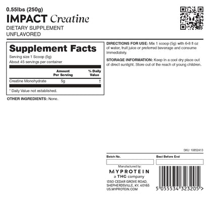 Label of Impact Creatine dietary supplement with supplement facts and branding details.