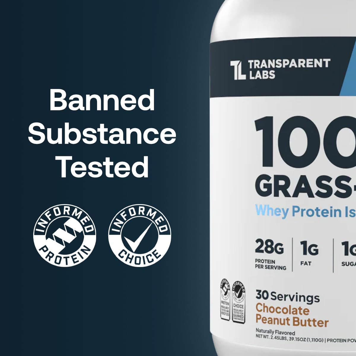 Transparent Labs whey protein isolate bottle with certification logos on a dark background