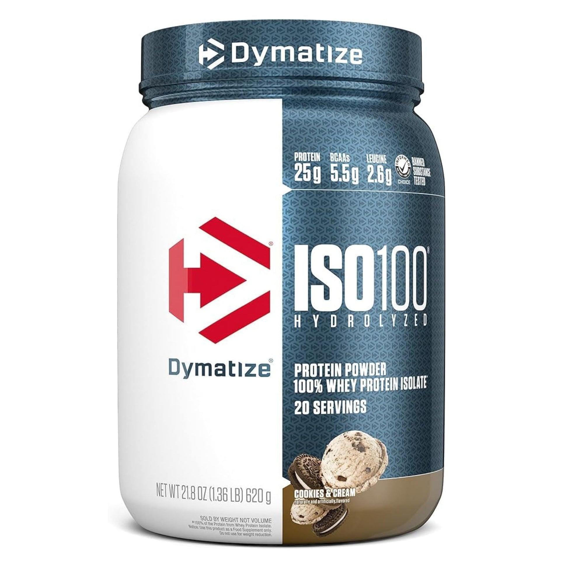 Dymatize ISO 100 Hydrolyzed protein powder container with blue and white design.