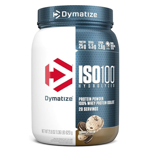 Dymatize ISO 100 Hydrolyzed protein powder container with blue and white design.