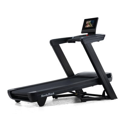 NordicTrack treadmill with a tablet on a white background