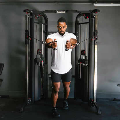 Man using a cable machine in a gym setting
