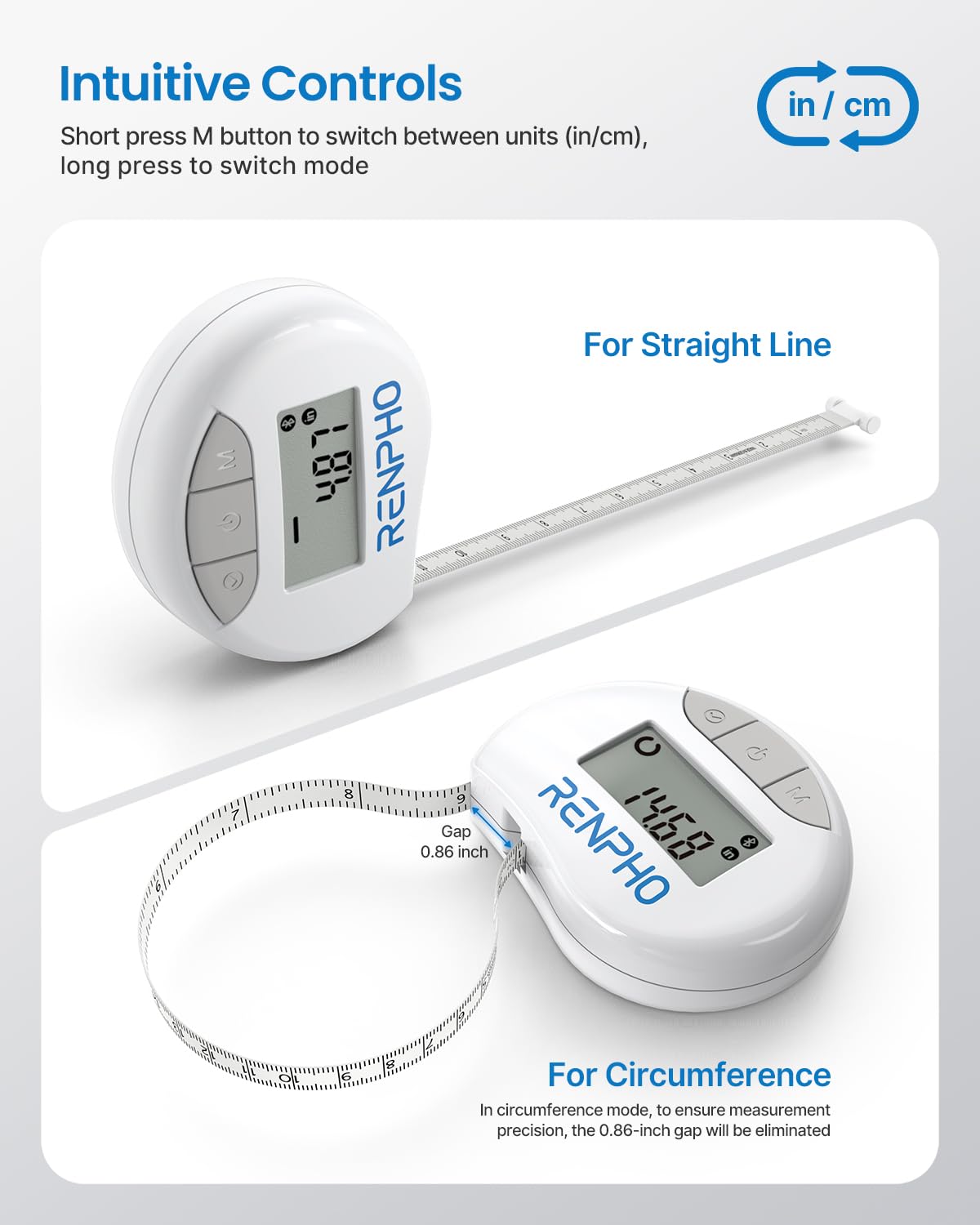 Digital measuring tape with Renpho branding and user instructions on a light gray background