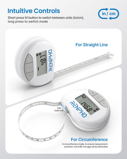Digital measuring tape with Renpho branding and user instructions on a light gray background