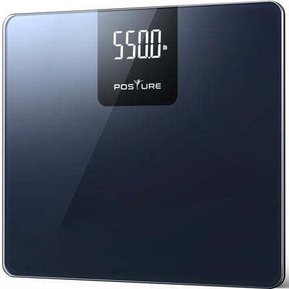 Digital body weight scale with a black glass surface and digital display showing weight, branded 'Posture'.