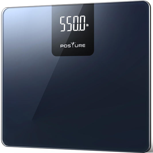Digital body weight scale with a black glass surface and digital display showing weight, branded 'Posture'.