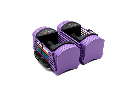 Purple resistance band set with black handles on a white background