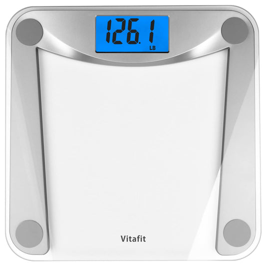 Digital body fat scale with blue digital display on a white background