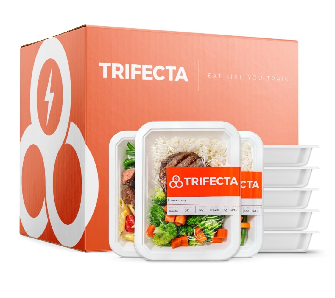 TRIFECTA meal prep containers with a branded box in the background