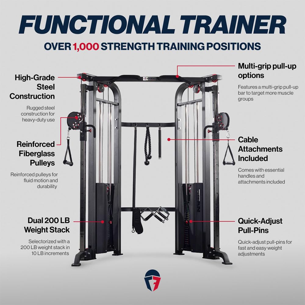 Functional trainer with features highlighted on a white background