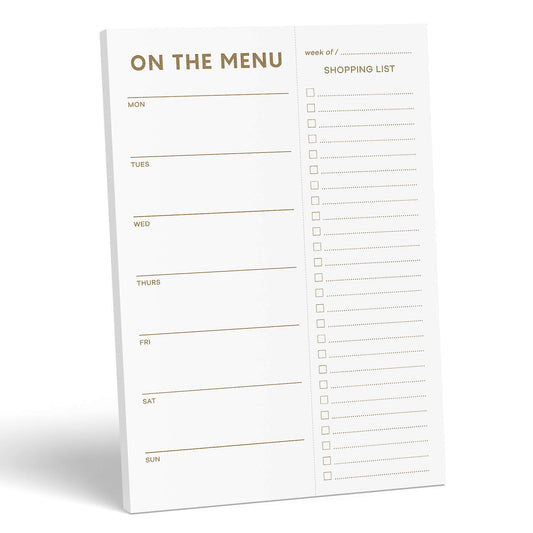 White notepad with 'On the Menu' and 'Shopping List' sections on a white background