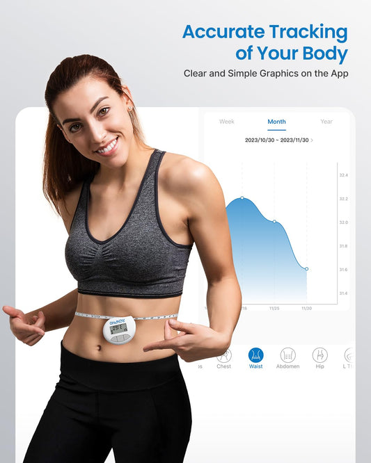 Woman holding a fitness tracker with app interface showing 'Accurate Tracking of Your Body' on a white background