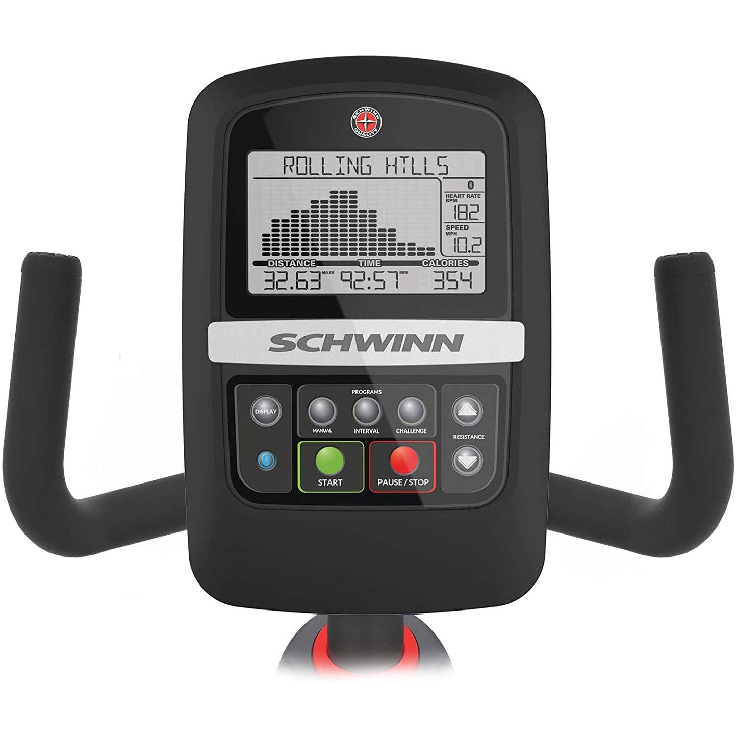 Schwinn exercise bike console with digital display on a white background