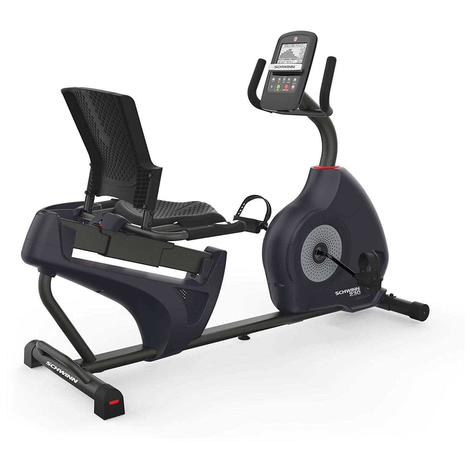 Recumbent exercise bike with digital display on a white background