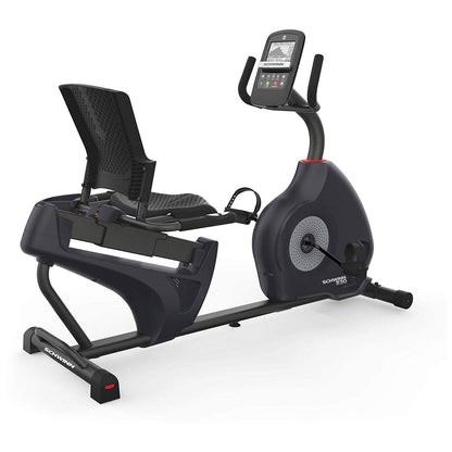 Recumbent exercise bike with digital display on a white background