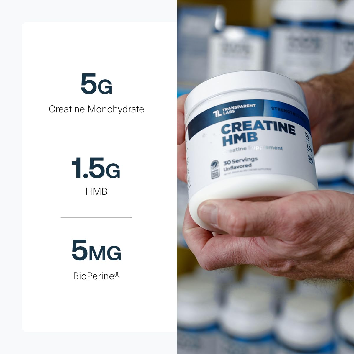 Hand holding a container of Transparent Labs Creatine HMB supplement with product details on a white background.