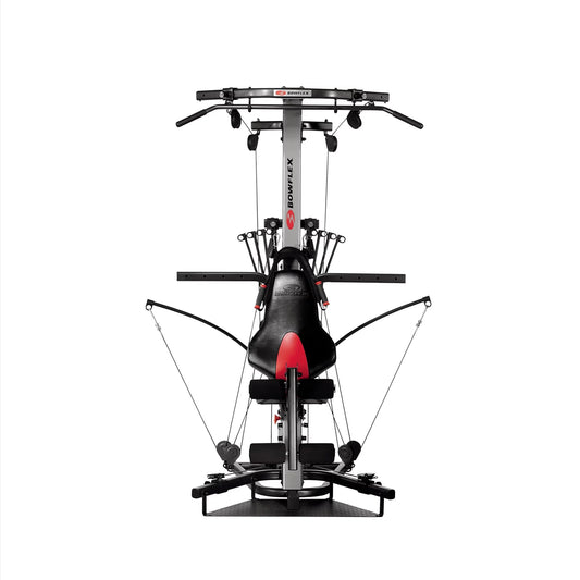 Home gym equipment with black and red design on a white background