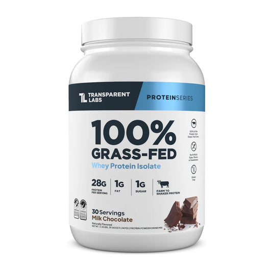 Protein powder container with 'Transparent Labs' branding on a white background