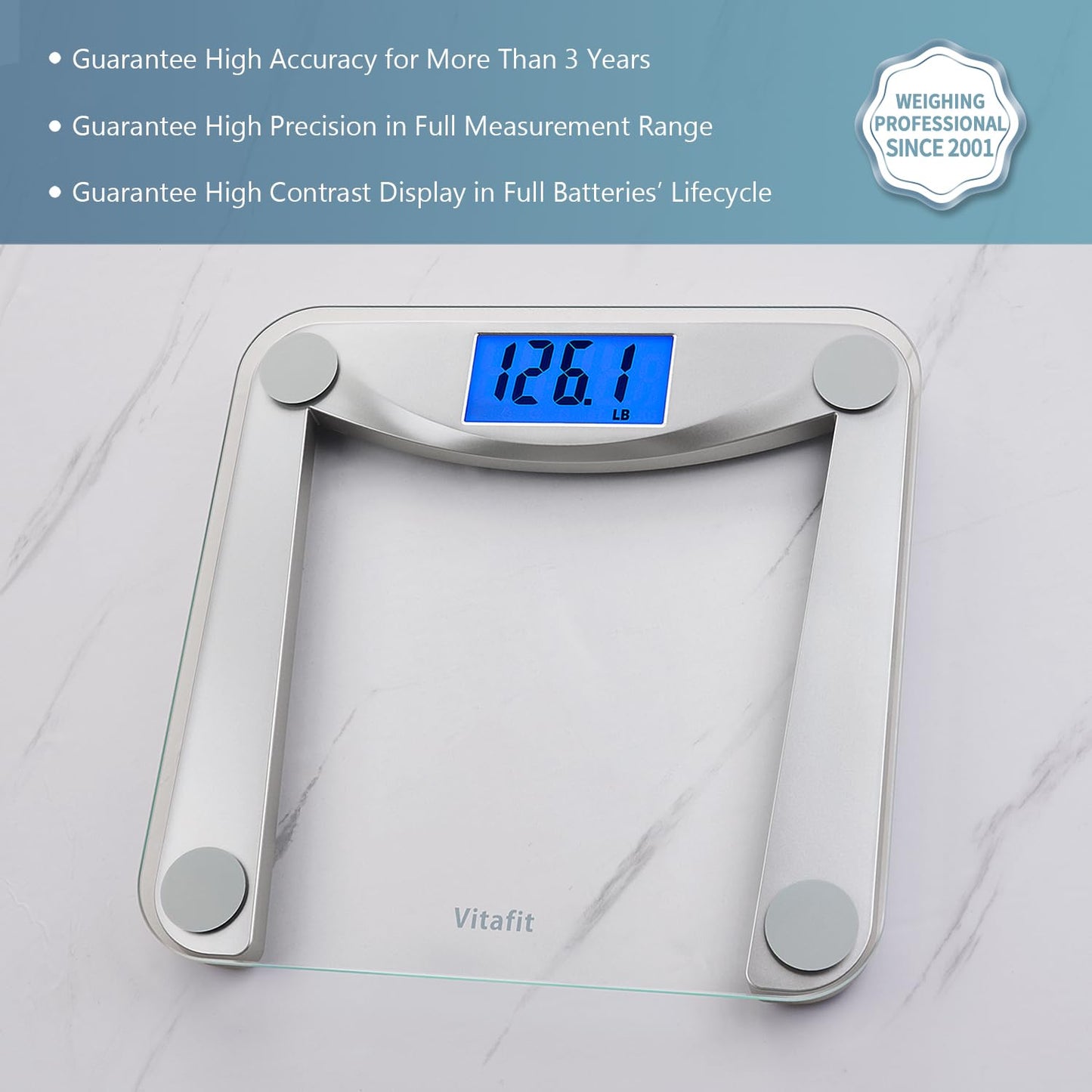 Digital bathroom scale with glass platform and digital display on a marble surface, featuring the brand 'Vitafit'.