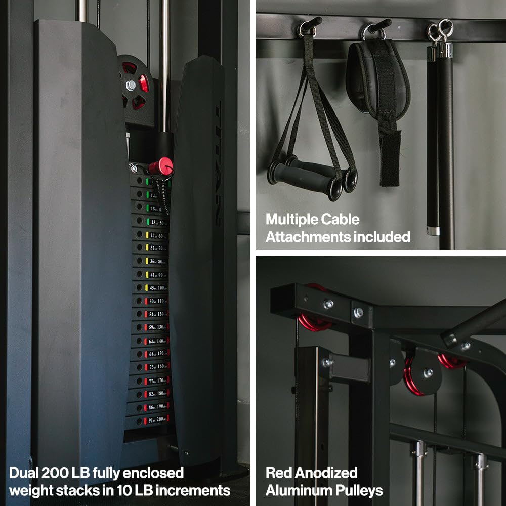 Gym equipment with weight stacks, cable attachments, and pulleys.