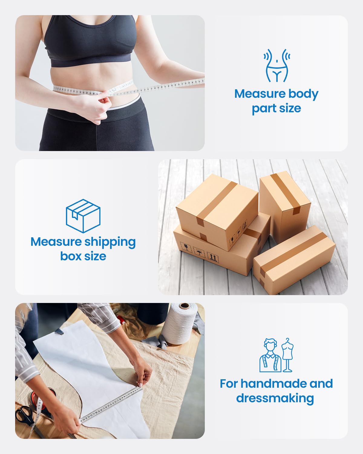 Measurement tools and scenarios for body measurement, shipping box size, and dressmaking.