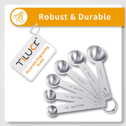 Set of metal measuring spoons with TILUCE branding on a white background