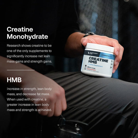Person holding a container of creatine monohydrate and HMB supplement with text about its benefits.
