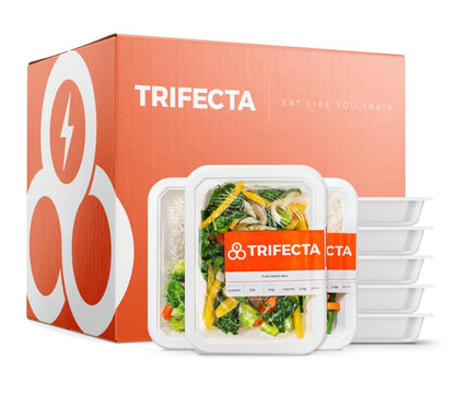 Trifecta meal packaging with containers and a branded box on a white background