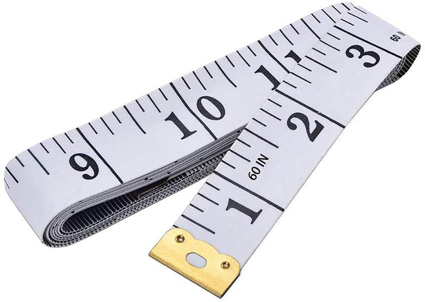 Measuring tape with white surface and black markings on a white background