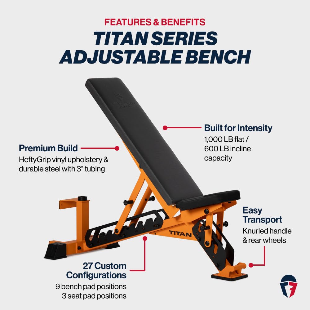 Titan Series adjustable bench with features and benefits highlighted on a white background