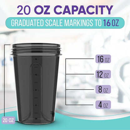 Black tumbler with graduated scale markings on a light blue background