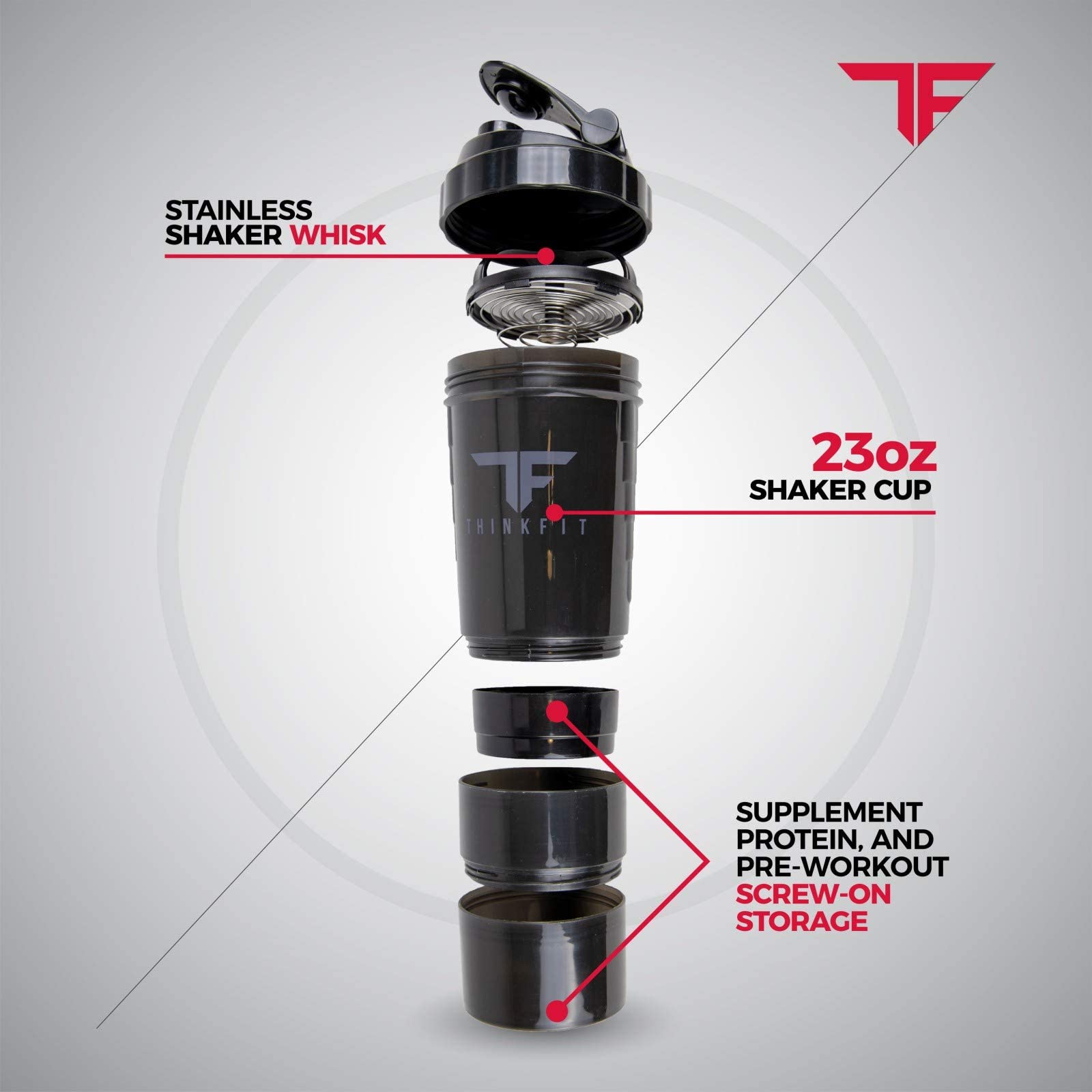 TF Shaker with labeled parts on a gray background