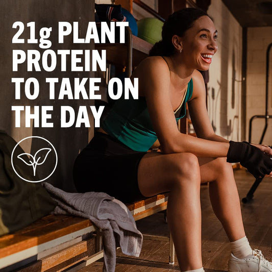Woman sitting on a bench with text about plant protein, gym setting