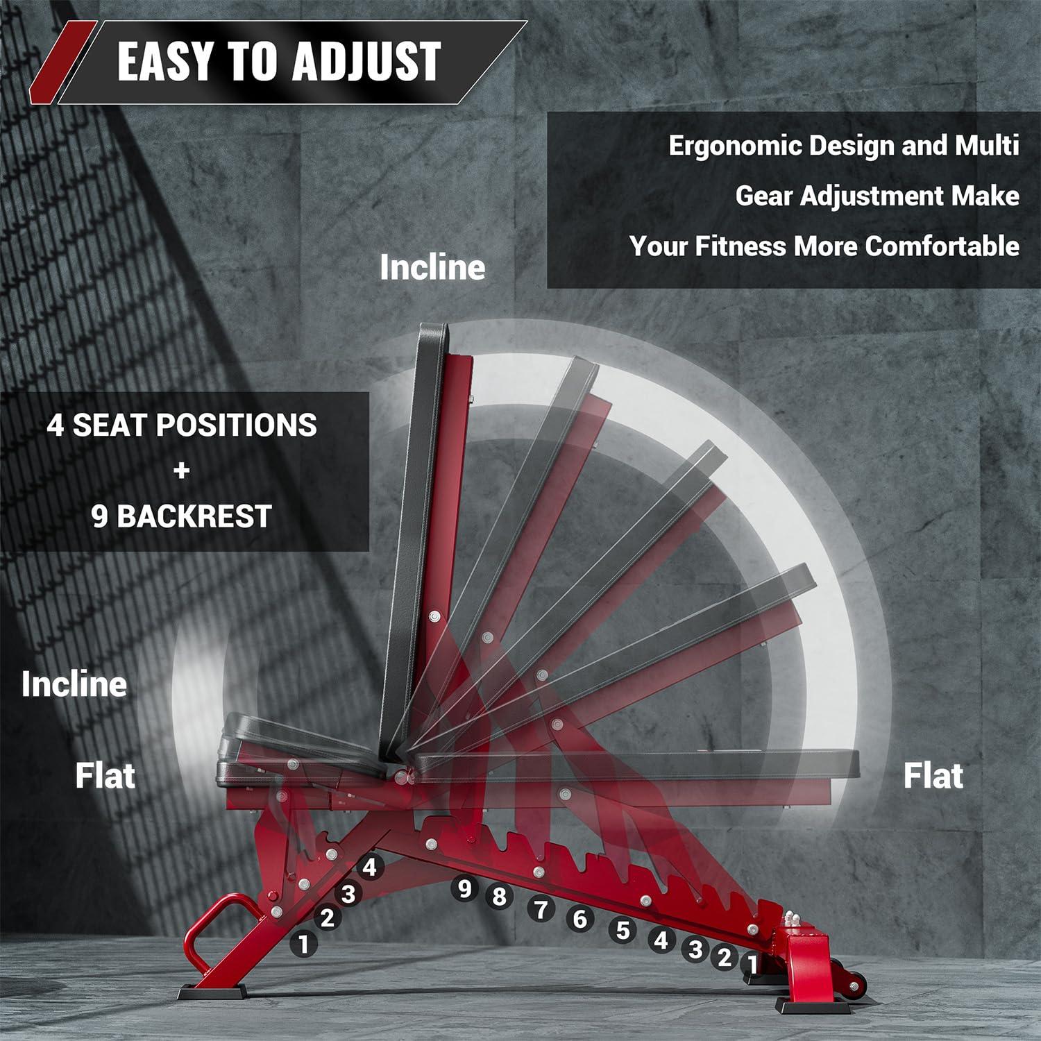 Red exercise machine with adjustable features on a gray background