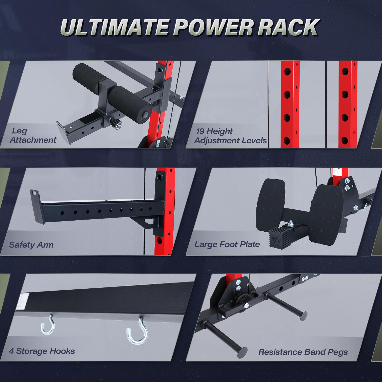 Ultimate Power Rack with various attachments and features highlighted on a dark background.