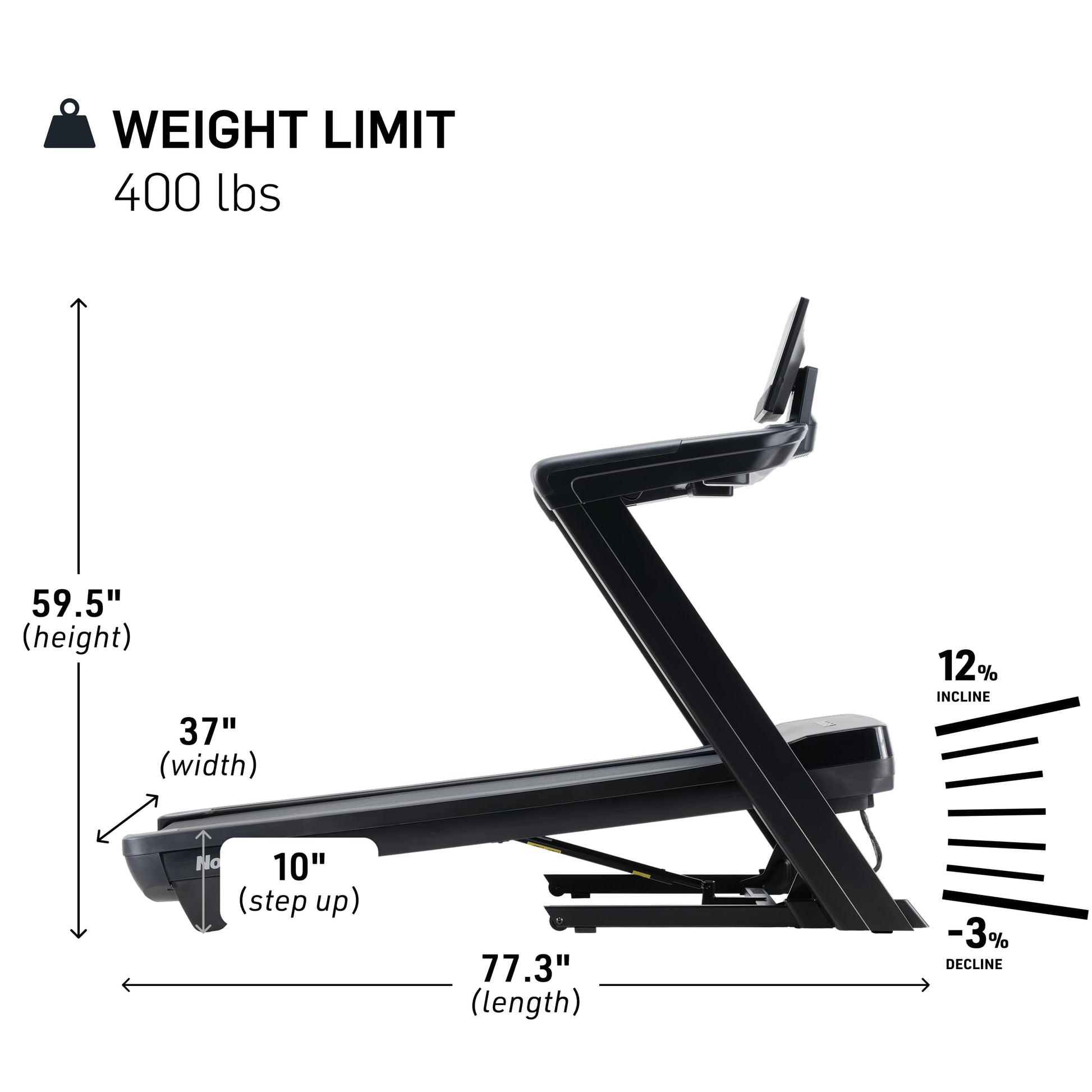 Measurement chart of a piece of exercise equipment with dimensions and weight limit.