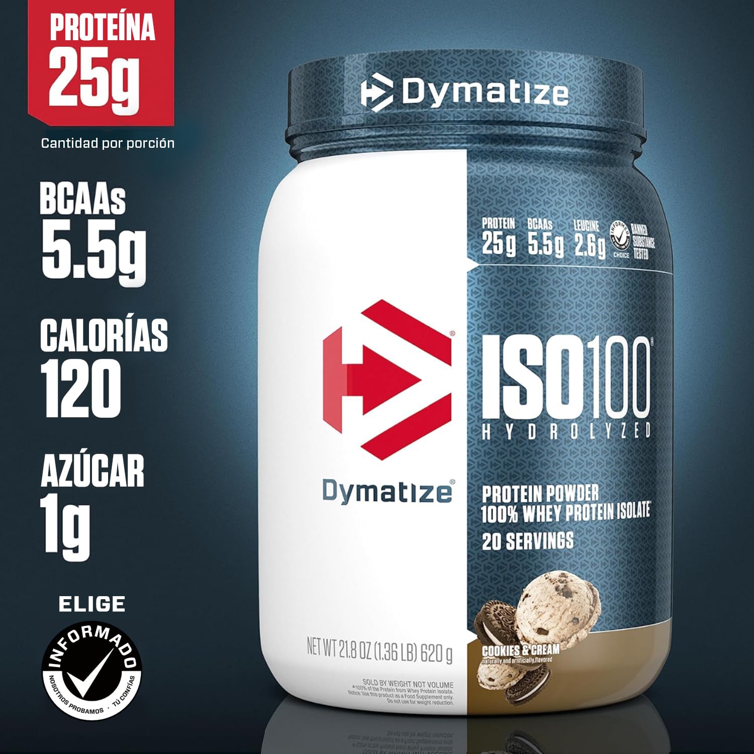 Dymatize ISO 100 whey protein powder container with nutritional information on a dark background