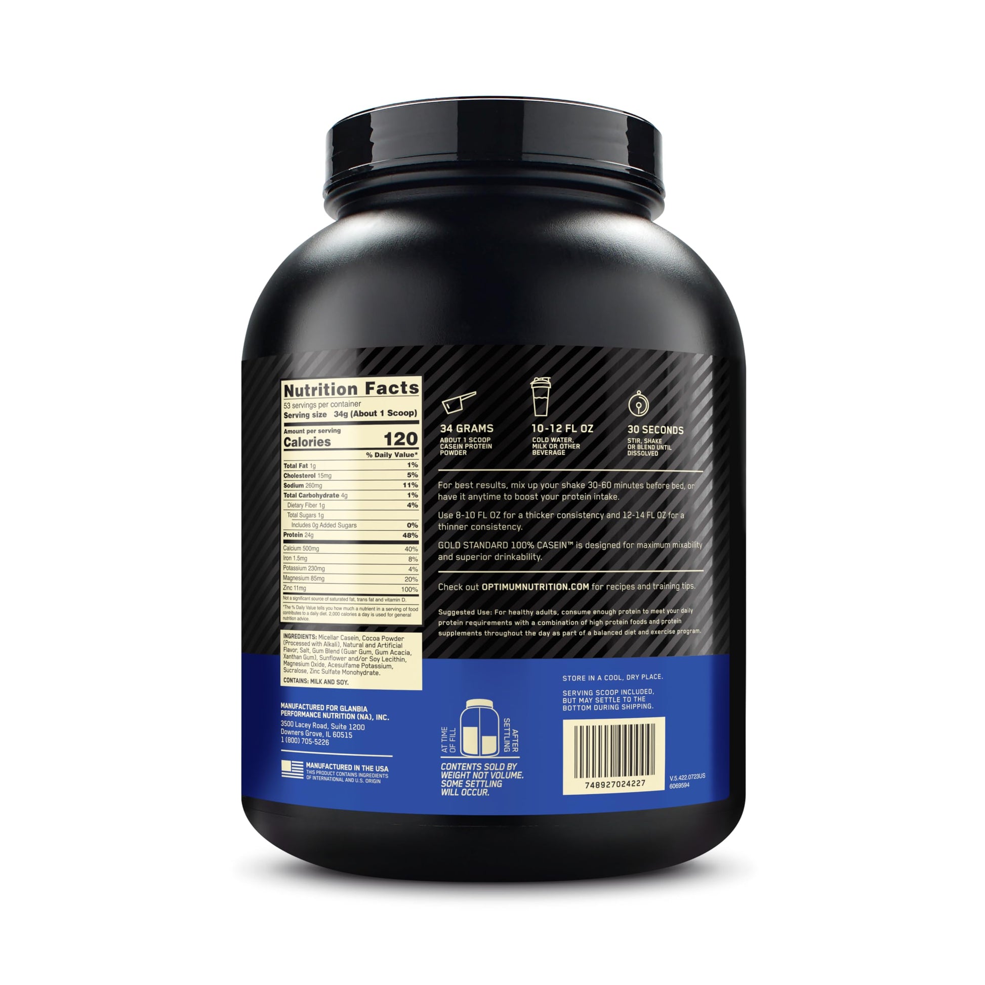 Black container with nutrition facts label on a white background