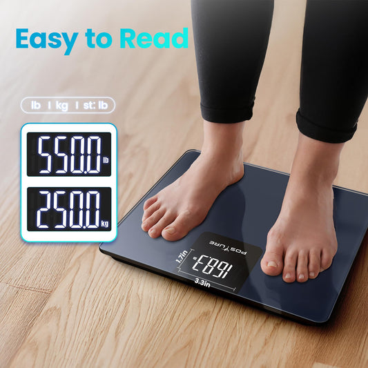 Person weighing themselves on a digital scale with clear display of weight.