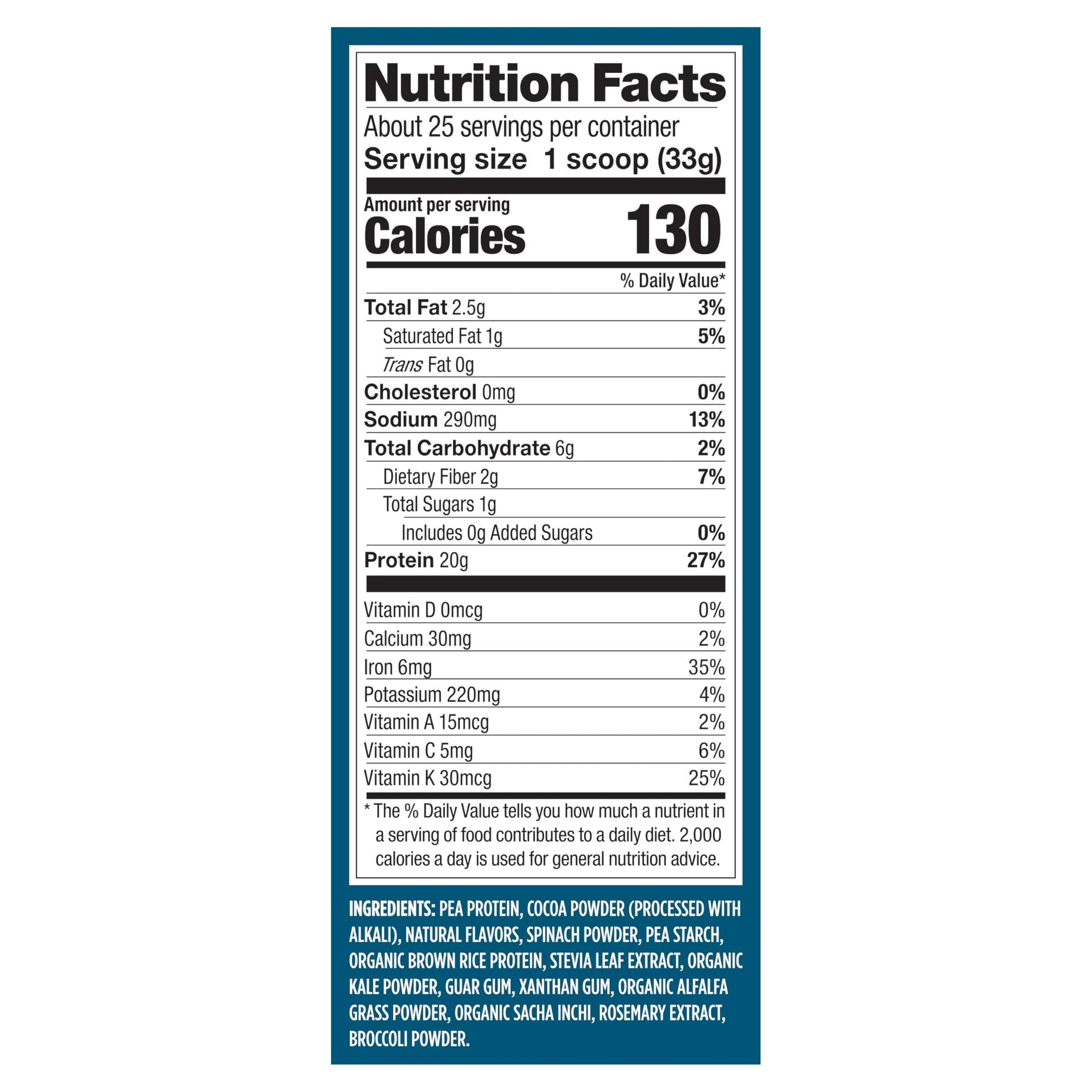 Nutrition facts label for a protein product with serving size and calories information.