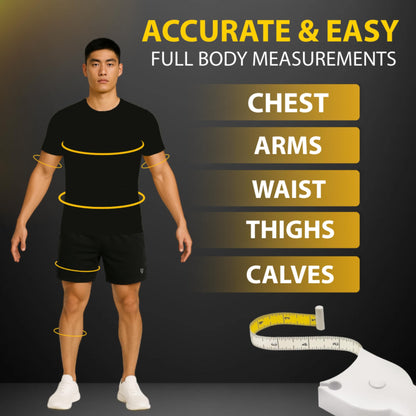 Man standing with body measurement points highlighted, accompanied by text 'Accurate & Easy Full Body Measurements' and a tape measure.