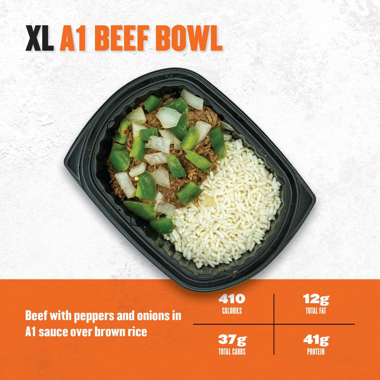 XL A1 Beef Bowl with beef, peppers, onions, and rice on a white background