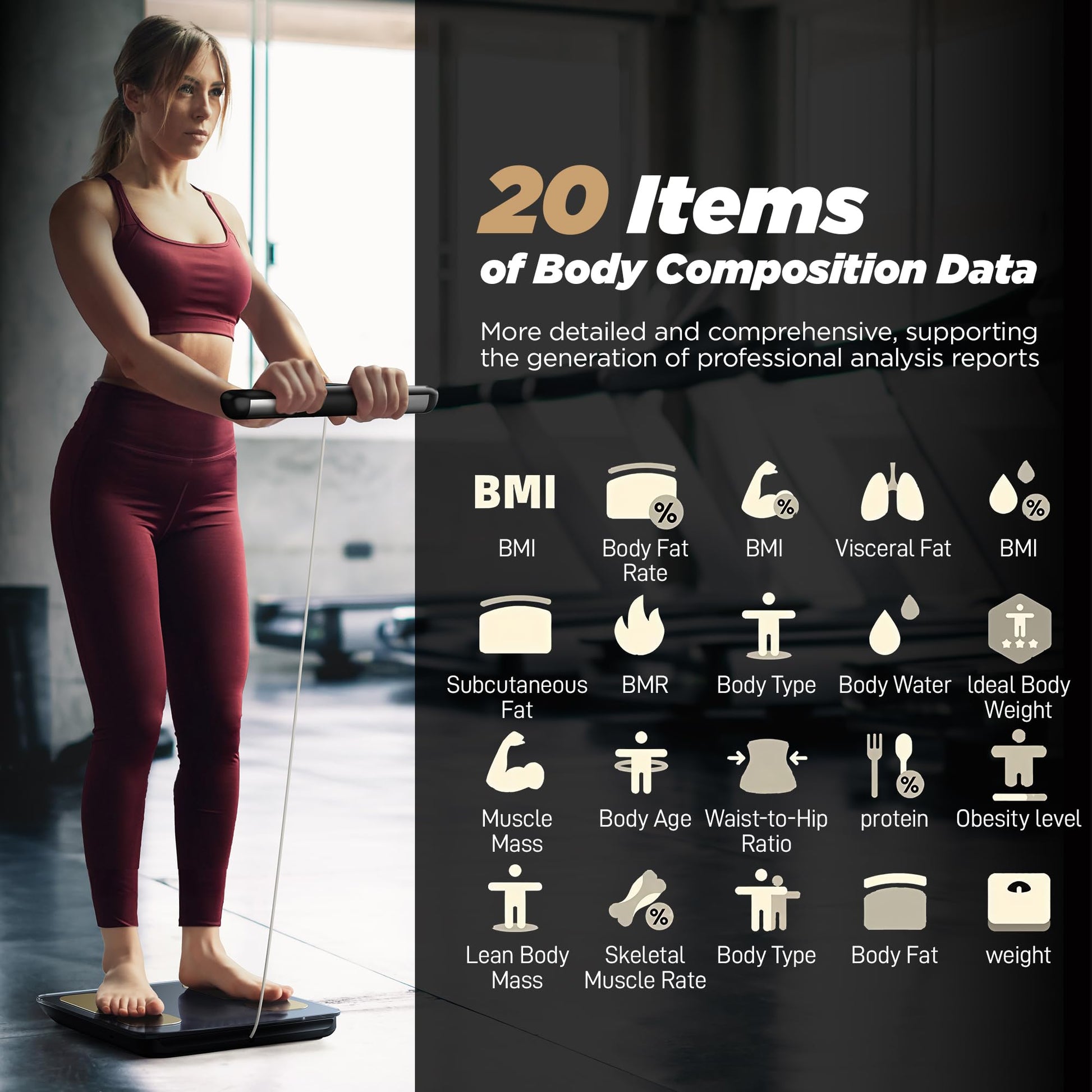 Woman on a scale with body composition data icons and text on a dark background