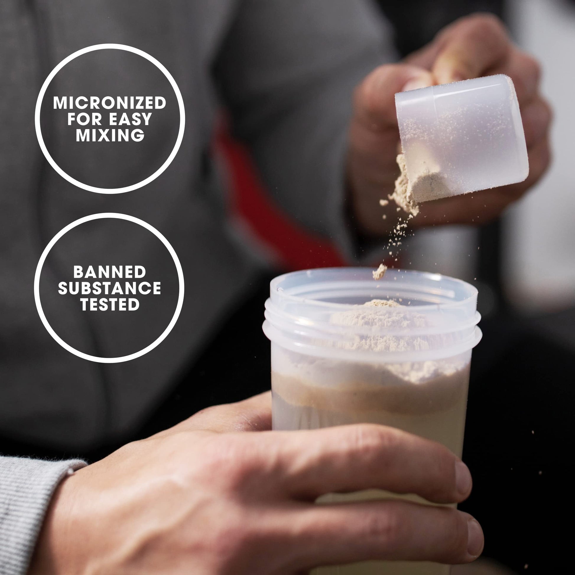 Person pouring a powder into a container with text about micronized powder and banned substance testing.