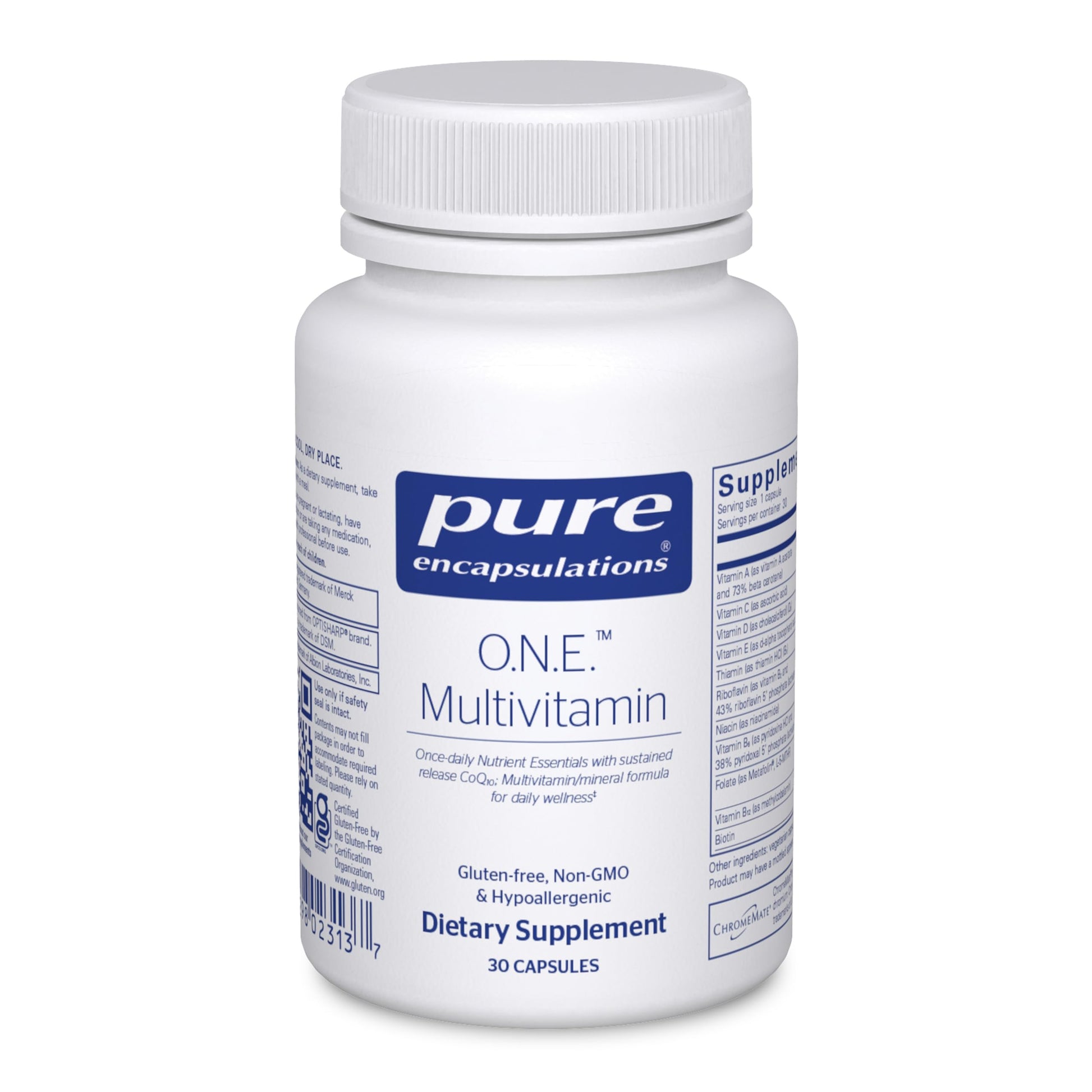 White supplement bottle labeled 'pure encapsulations O.N.E. Multivitamin' on a white background
