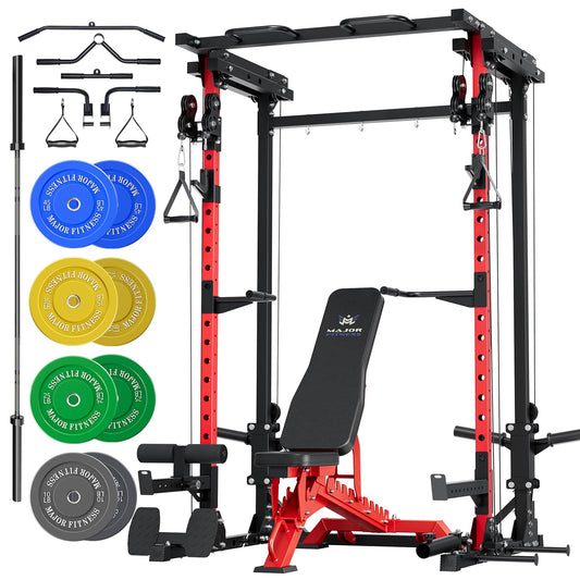 Red and black weightlifting cage with weight plates and accessories on a white background