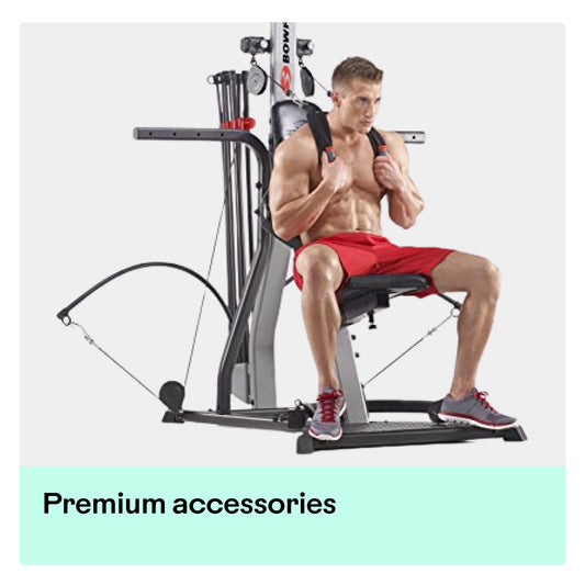 Man using a weight machine with 'Premium accessories' label on a light gray background