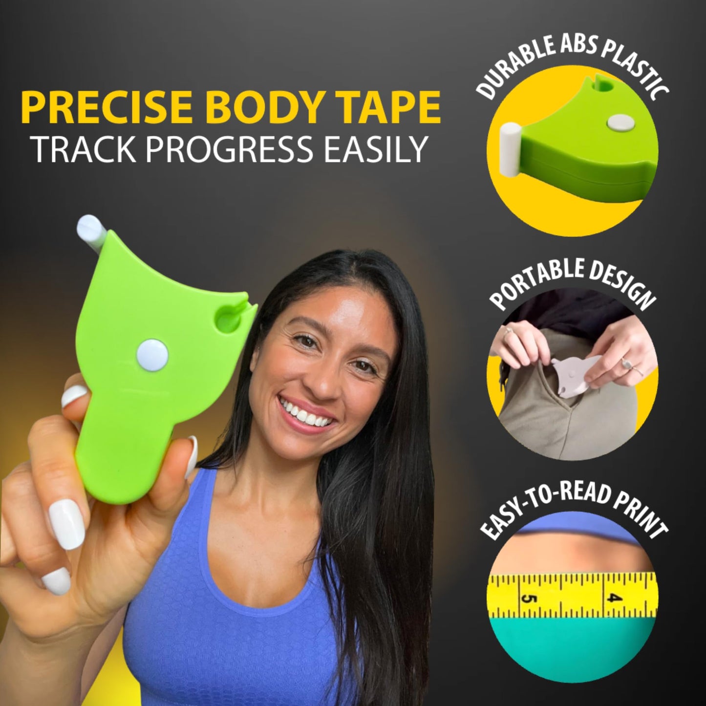 Woman holding a green body measuring tape with features highlighted on a dark background