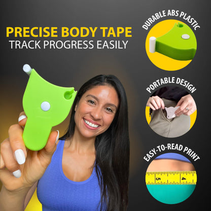 Woman holding a green body measuring tape with features highlighted on a dark background